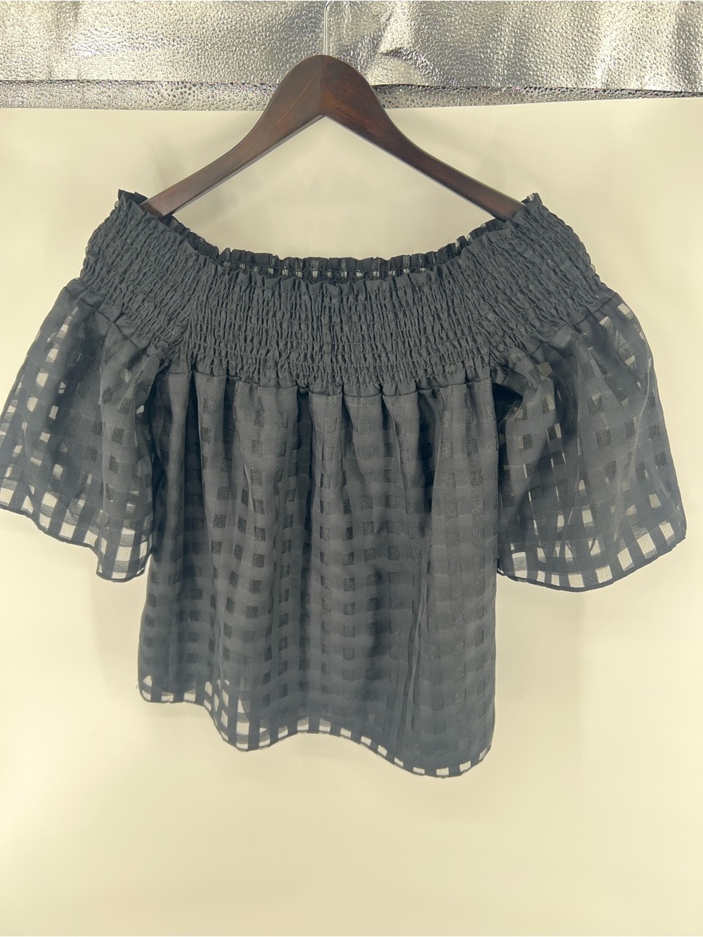 Parker Black Sheer Short Sleeves,  Gingham Off-Shoulder Top, XS.